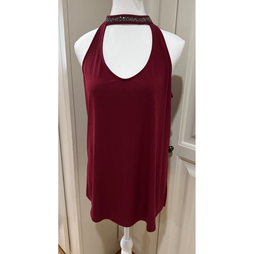 Bold Elements Burgundy Halter Top Beaded Neckline Sleeveless Blouse Size Medium‎